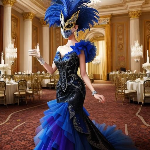 Masked Beauty in Surreal Ballroom Celebration