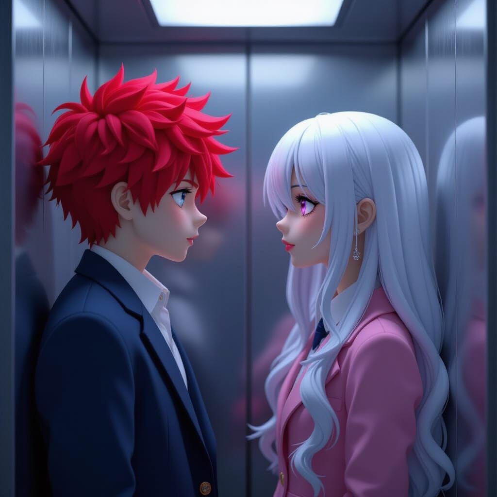 Anime Style Teens in Elevator with Detailed Matte Painting