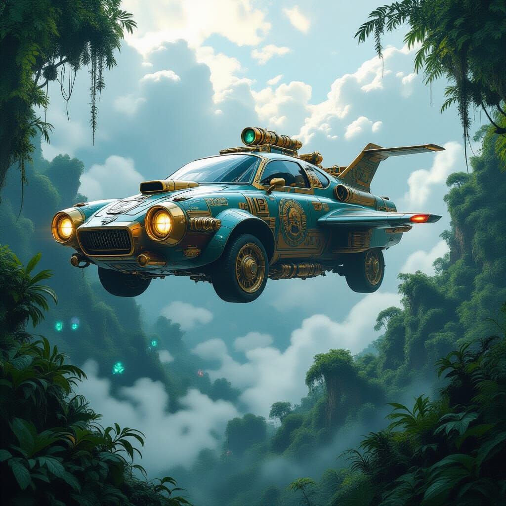 Mayan Steampunk Flying Car Over Alien Jungle