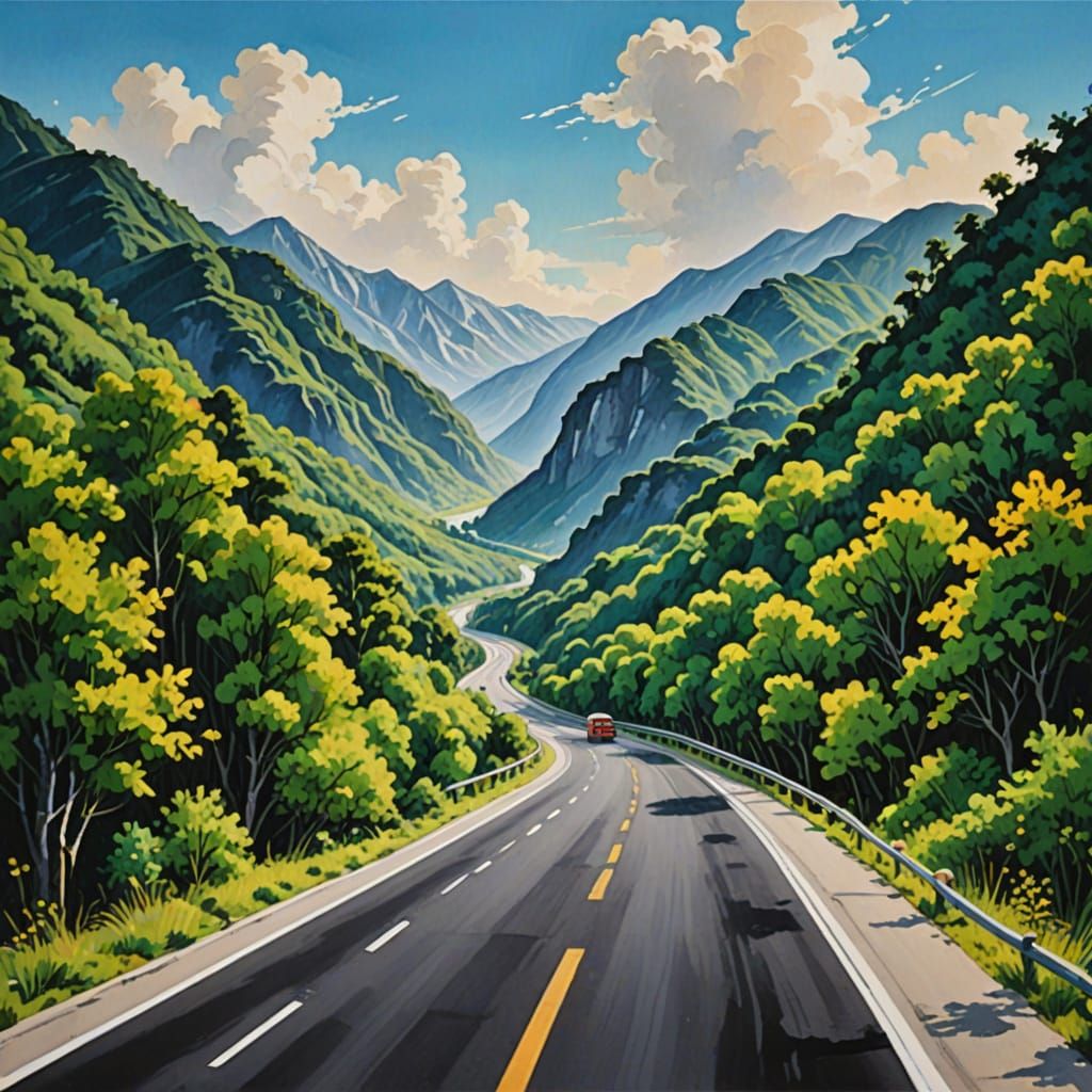 Vibrant Billboard Landscape in Detailed Gouache Style