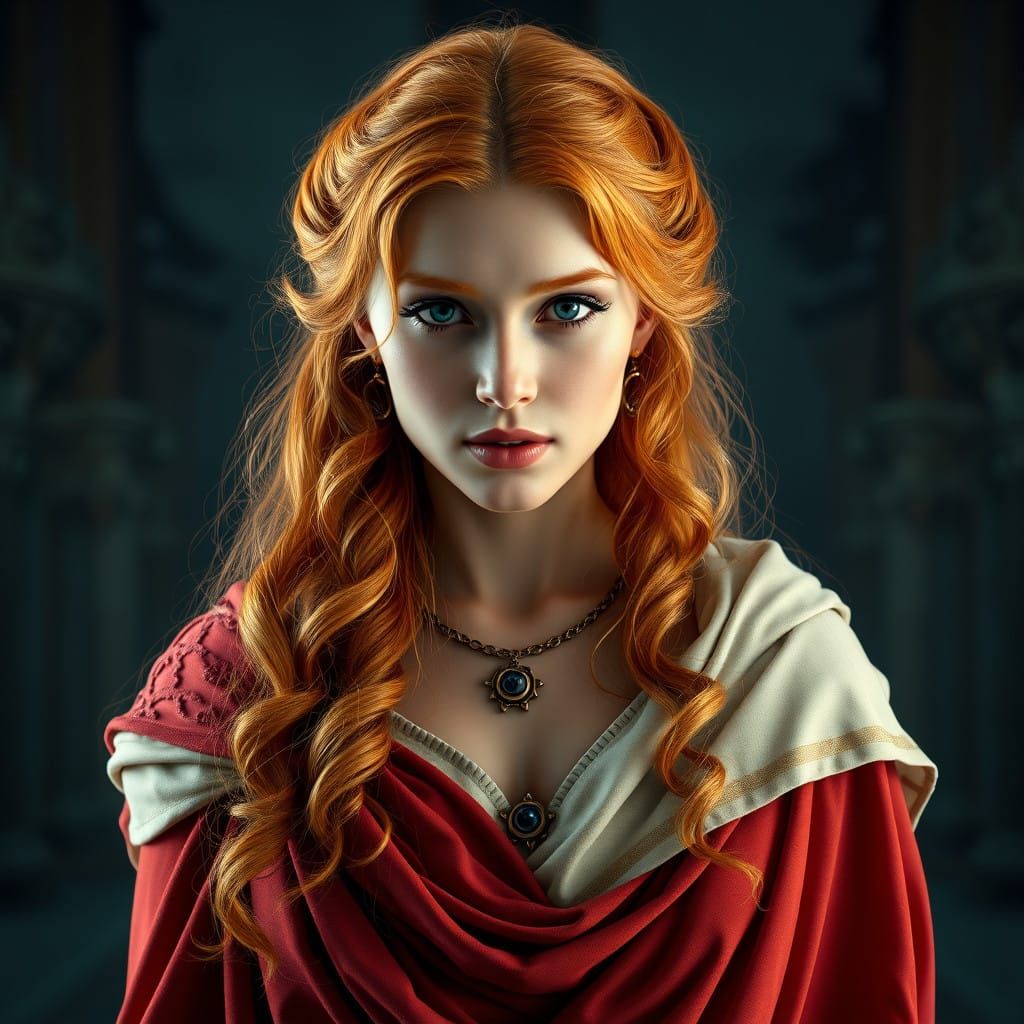 Ethereal Roman Goddess in Vibrant Strawberry Blonde Hair