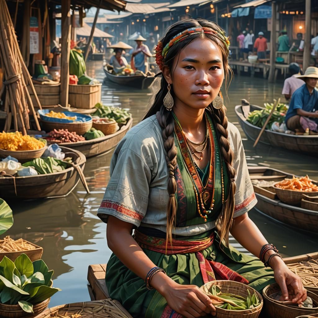 Young Burmese Woman at Floating Market: Hyperrealistic Art