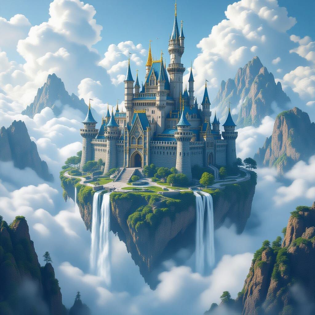 Majestic Floating Castle Island with Waterfalls in 3D Art St...