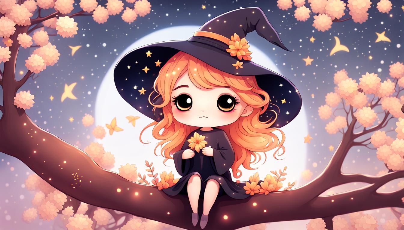 Chibi Witch with Starry Wings in Warm Forest