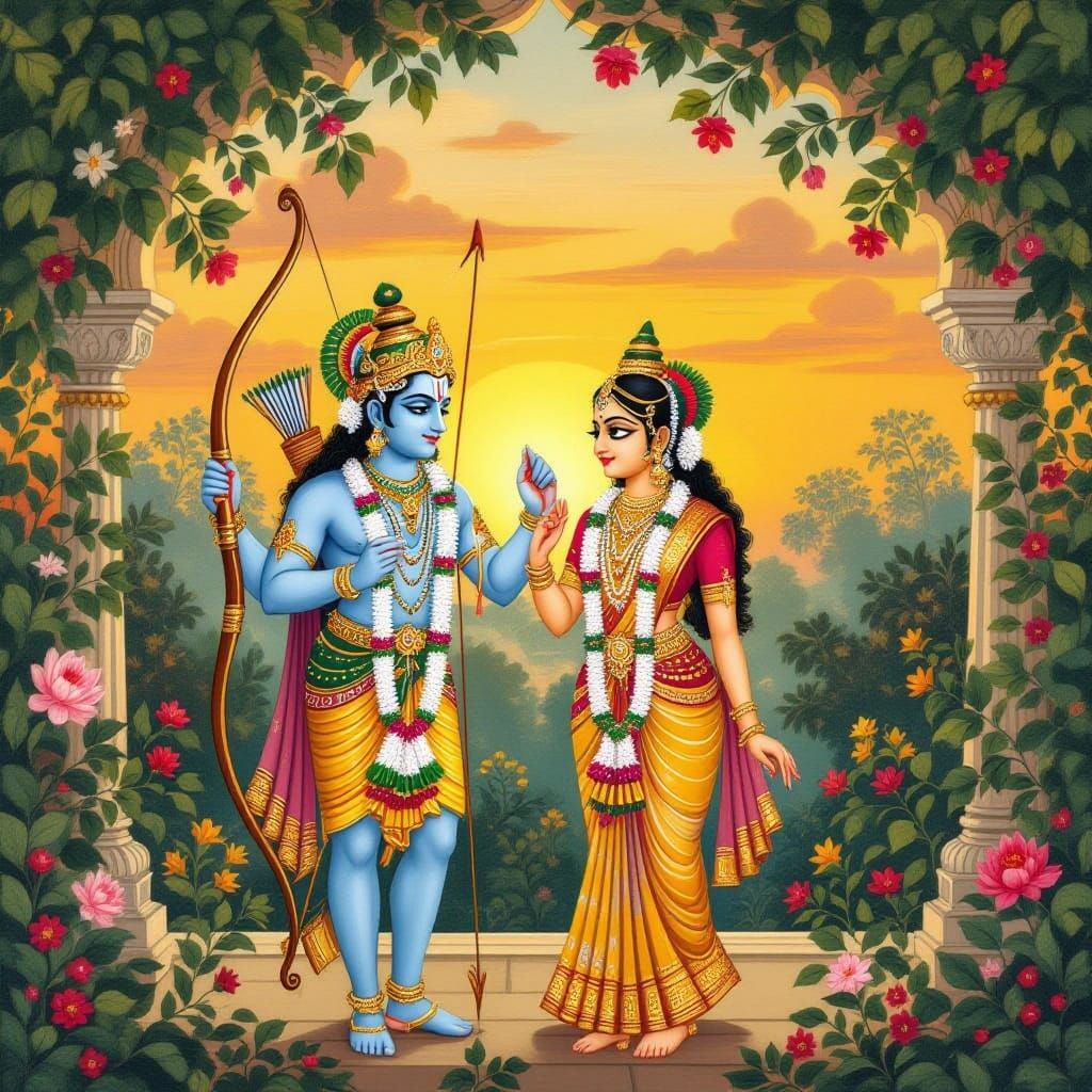 Devotional Rama and Sita in Indian Miniature Style