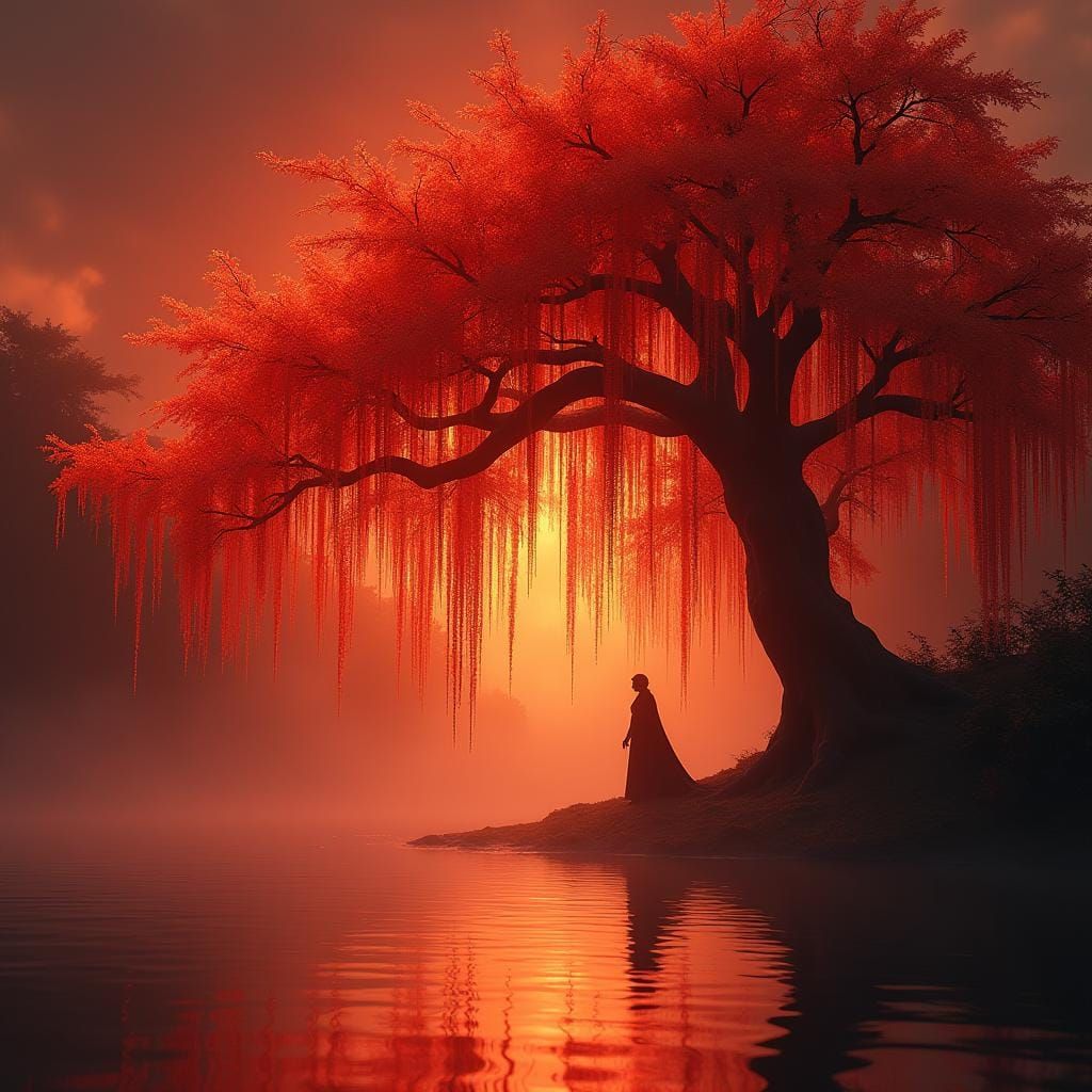 Fantasy Weeping Willow in Bloom with Fire