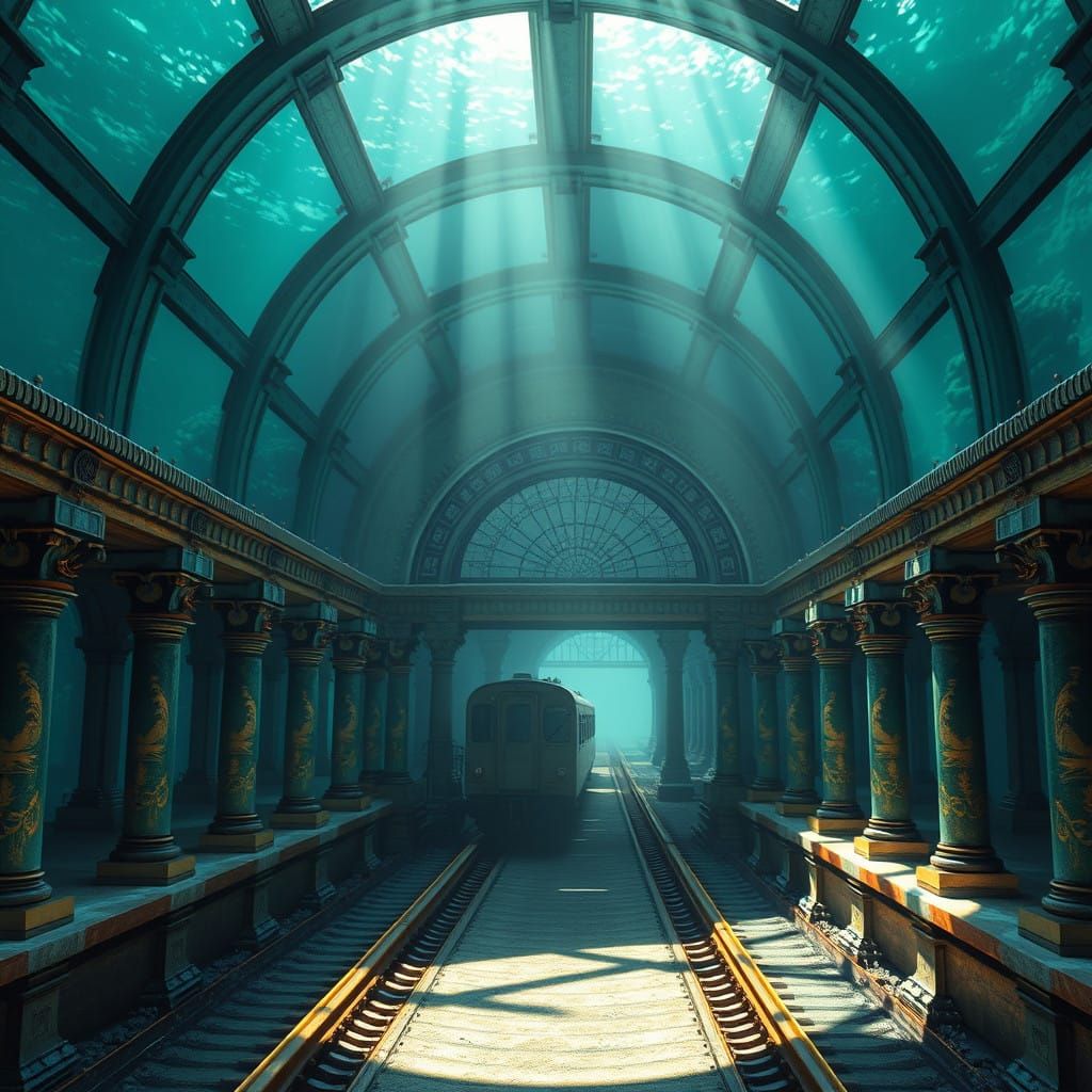 Submerged Train Station in Turquoise Depths