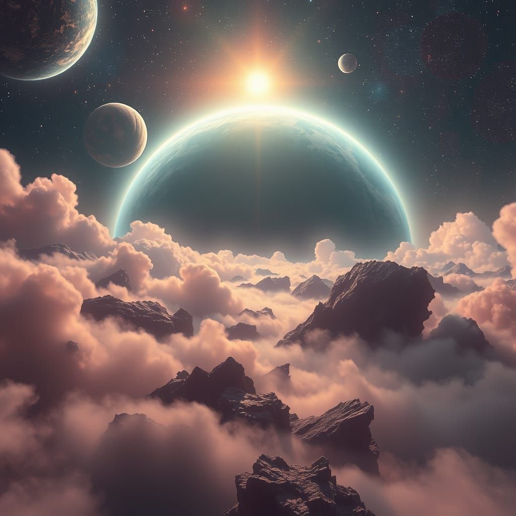 Ethereal Cosmic Landscape with Vibrant Planets and Stars