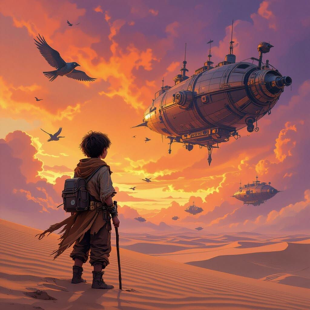 Boy and Steampunk Airships in Atmospheric Concept Art