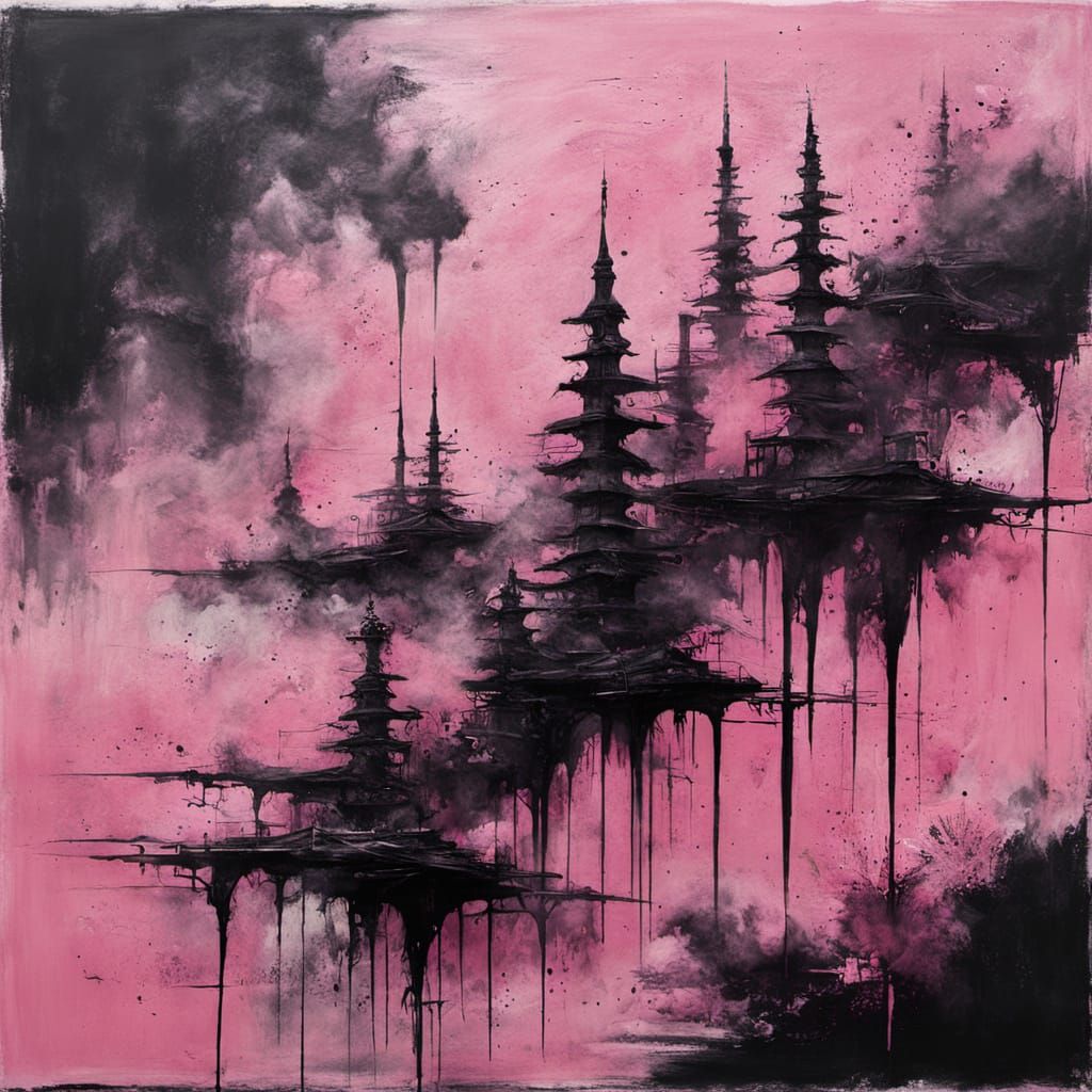 Surreal Pink Coffee Painting with Cyberpunk Elements