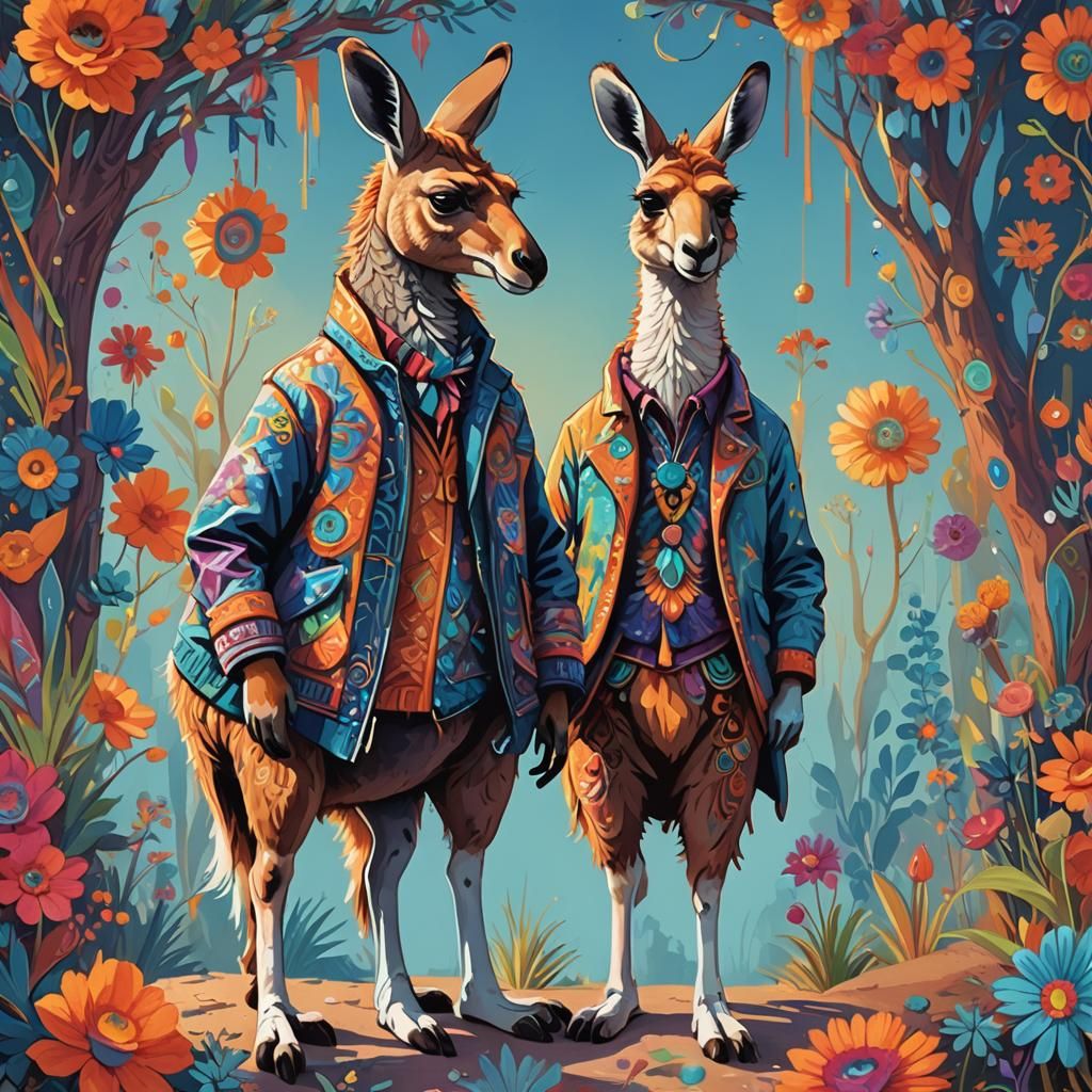 Kangaroo and Llama in Fantastical Digital Art
