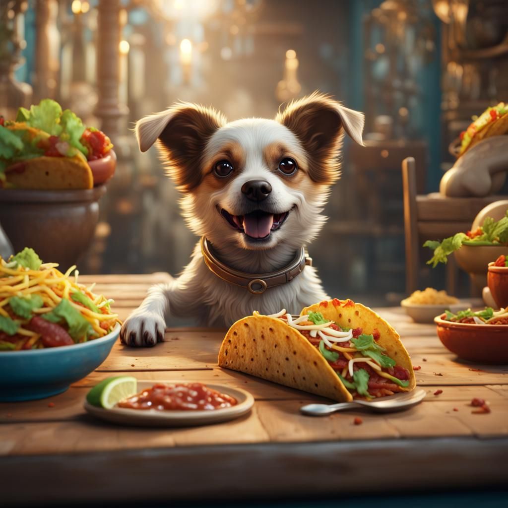 Cute Dog Eating Taco: Detailed Fantasy Art