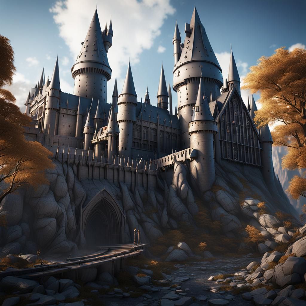 Futuristic Hogwarts Castle with Intricate Mech Details