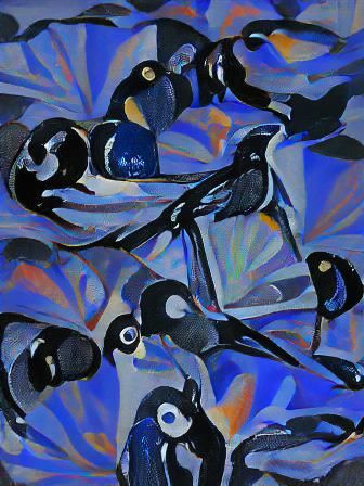 The magpies birds in silver, navy blue, orange, yollow