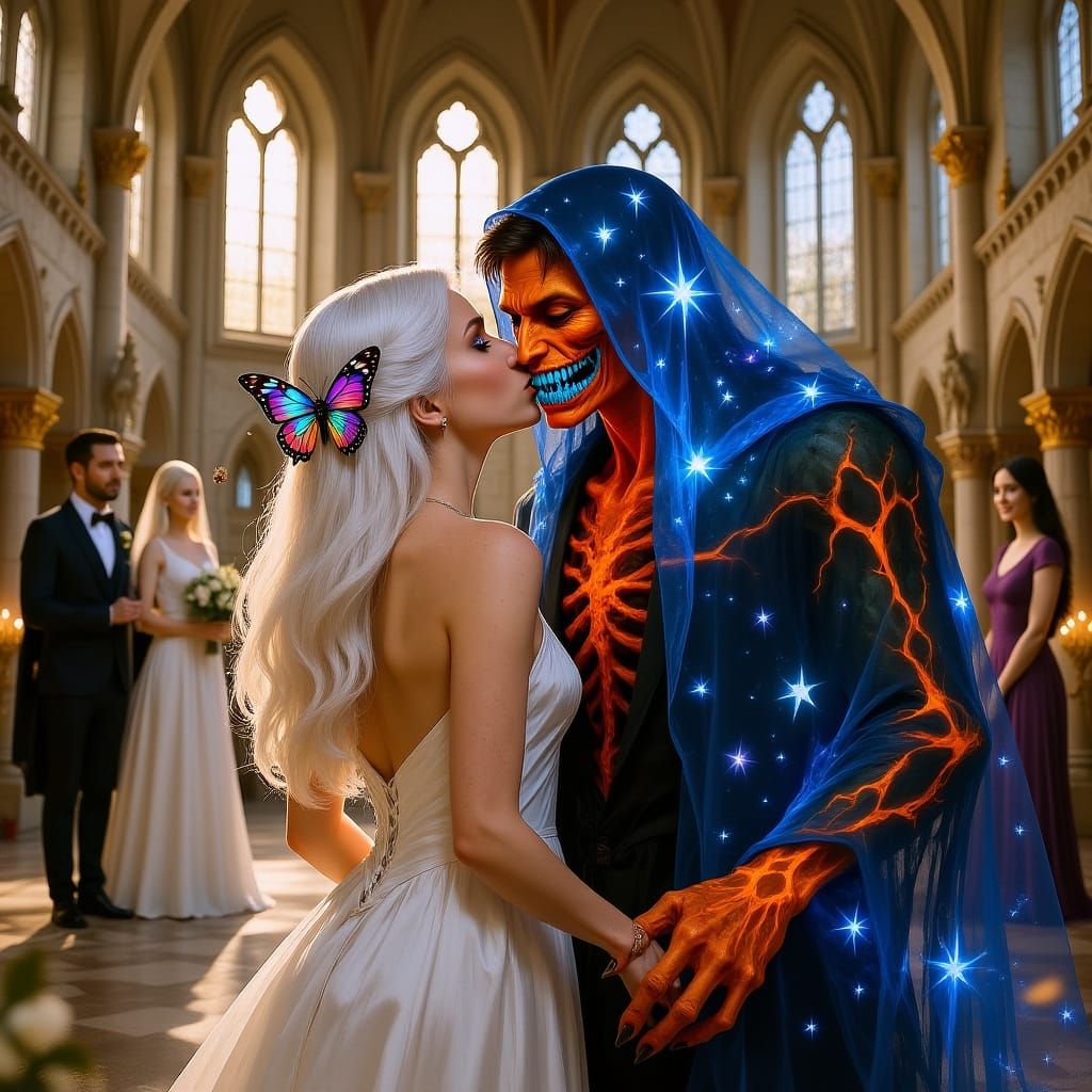 Woman Kissing Sinister Figure in Castle Hall