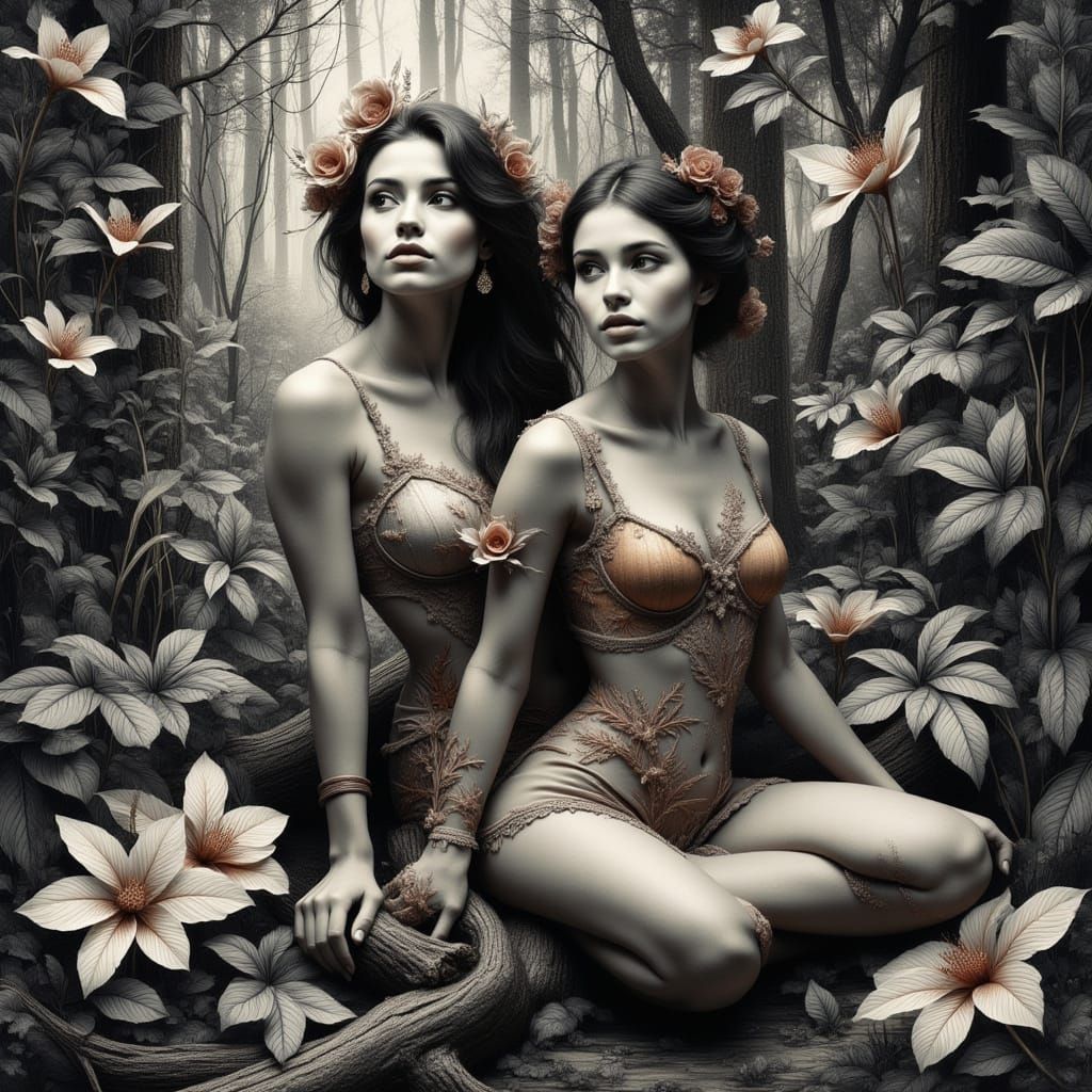 Exotic Woman in Tropical Forest with Abundant Flowers