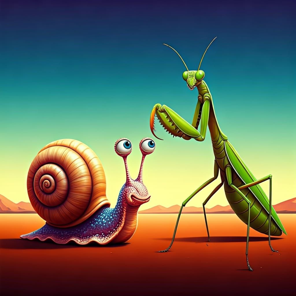 Surreal Snail Meets Mantis: Pop Surrealism Painting