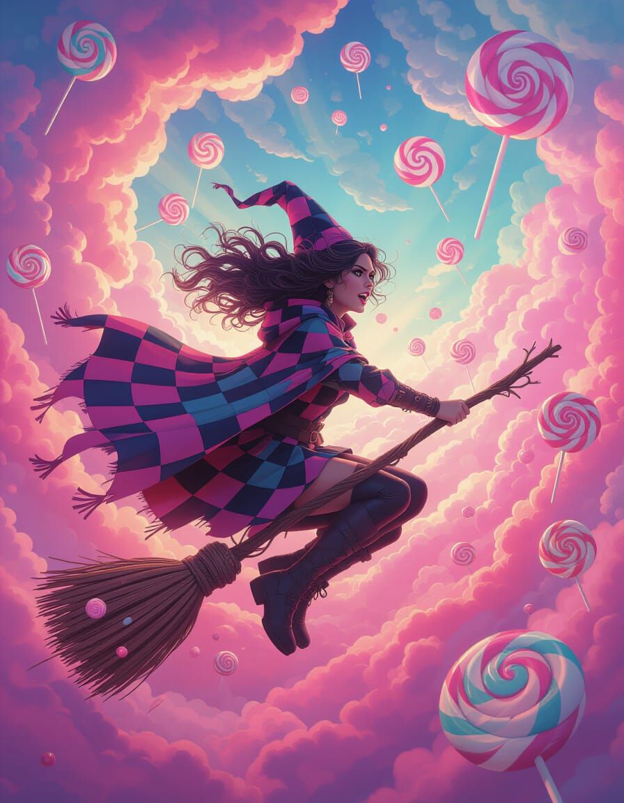 Witch Flies Through Candy Storm on Vine Broomstick
