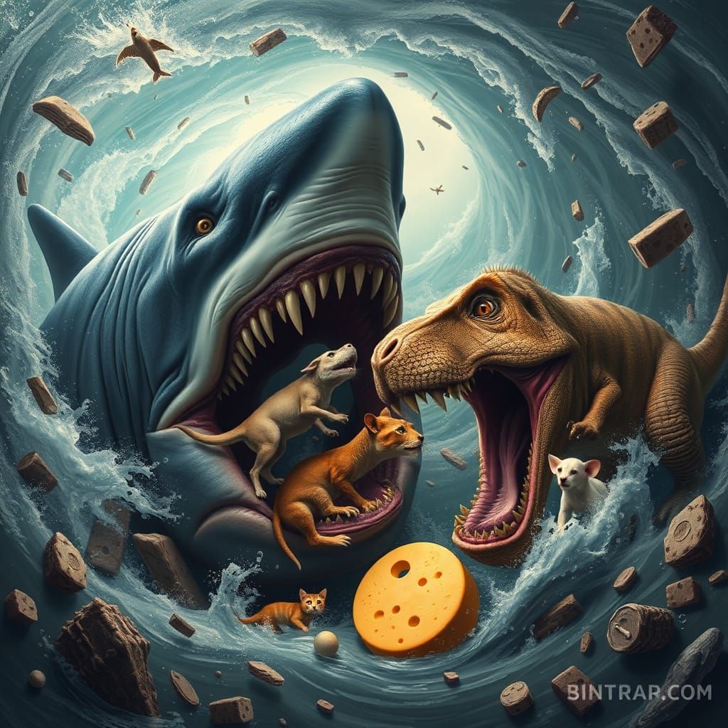 Megalodon Devours T-Rex in Dreamlike Vortex