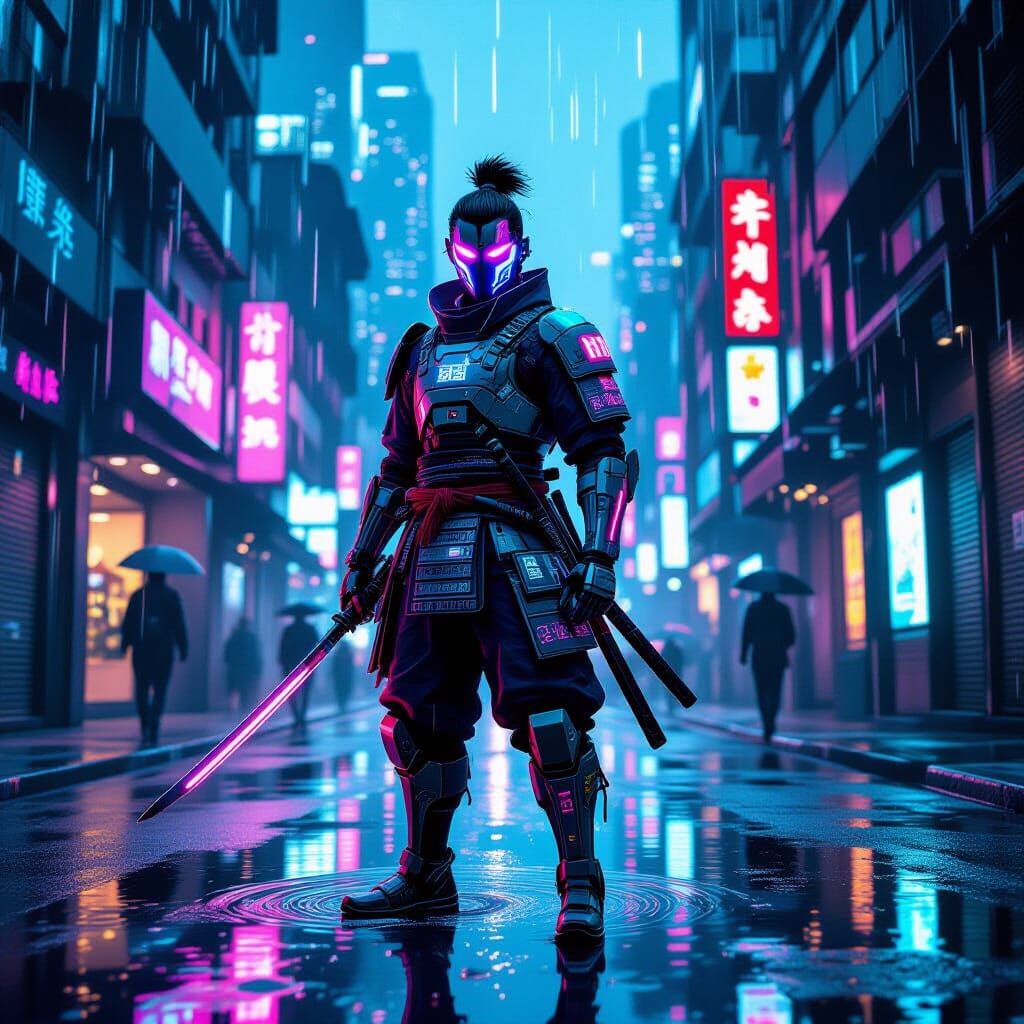 Pixelated Cyborg Samurai in Cyberpunk Alleyway