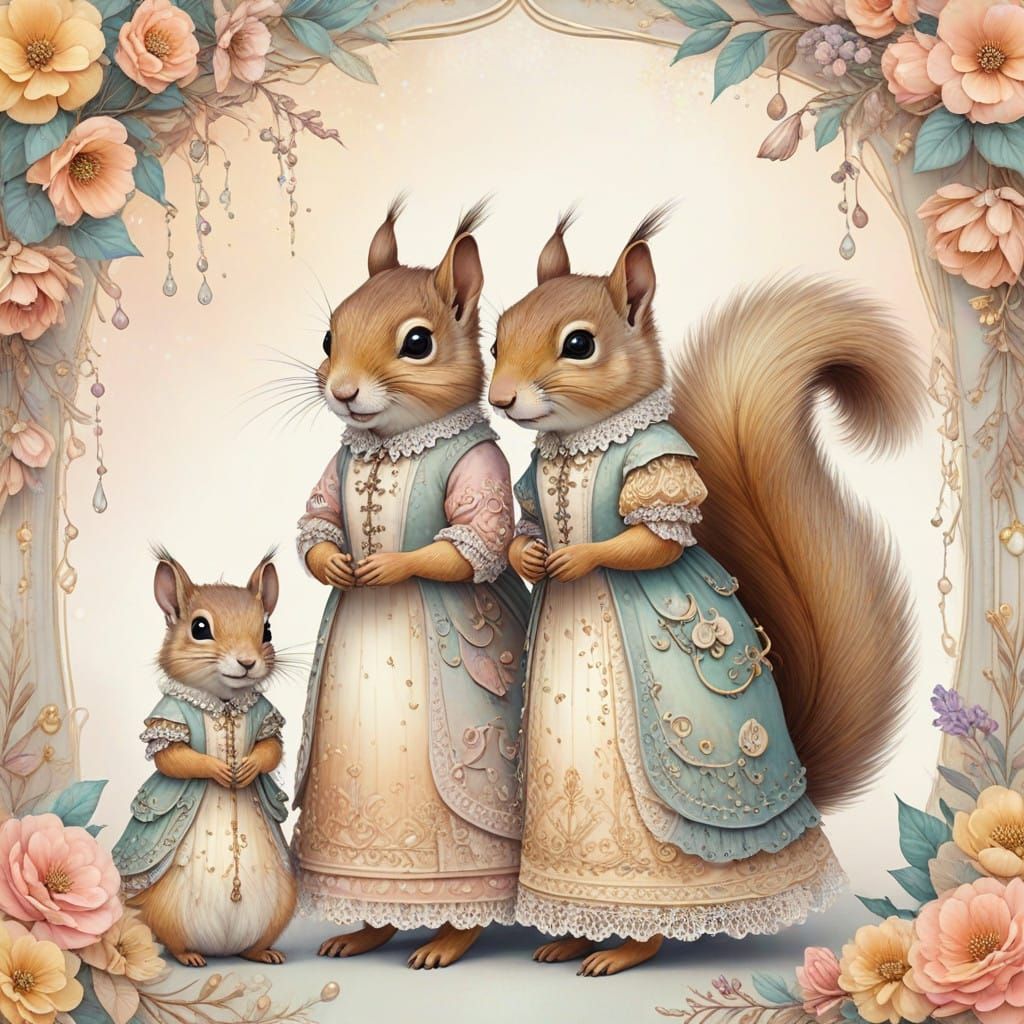 Whimsical Squirrel Princess Watercolor Art