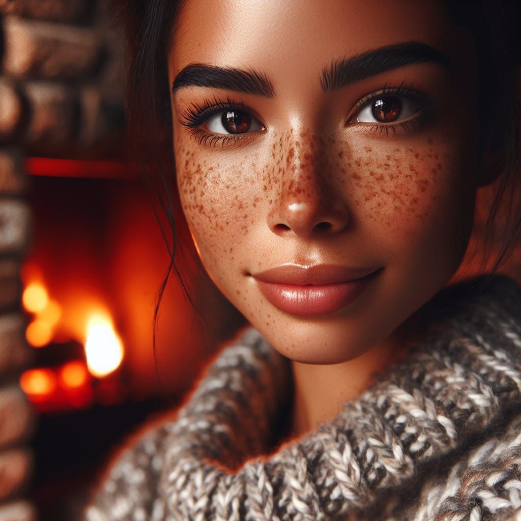 Warm Firelight Portrait of Freckled Hispanic Woman