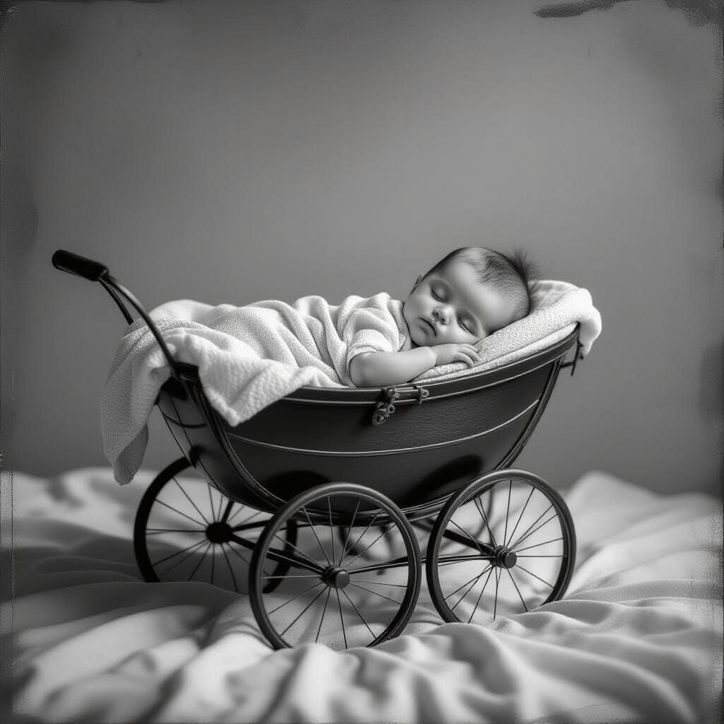 Peaceful Baby Portrait in High Contrast Black and White