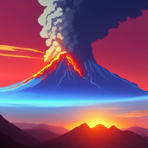 Sunset Volcano Eruption in Studio Ghibli Style