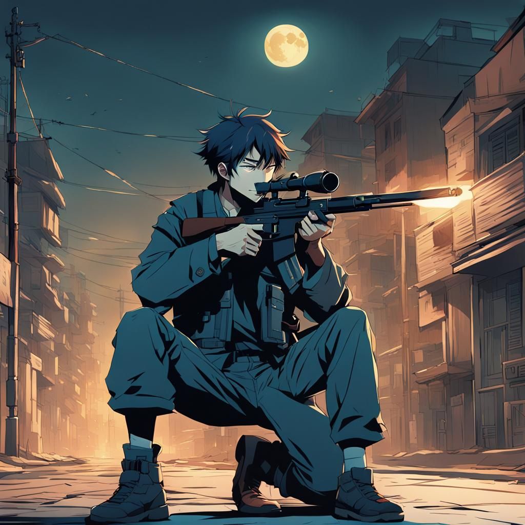 Anime Style Sniper in Moonlit Streets