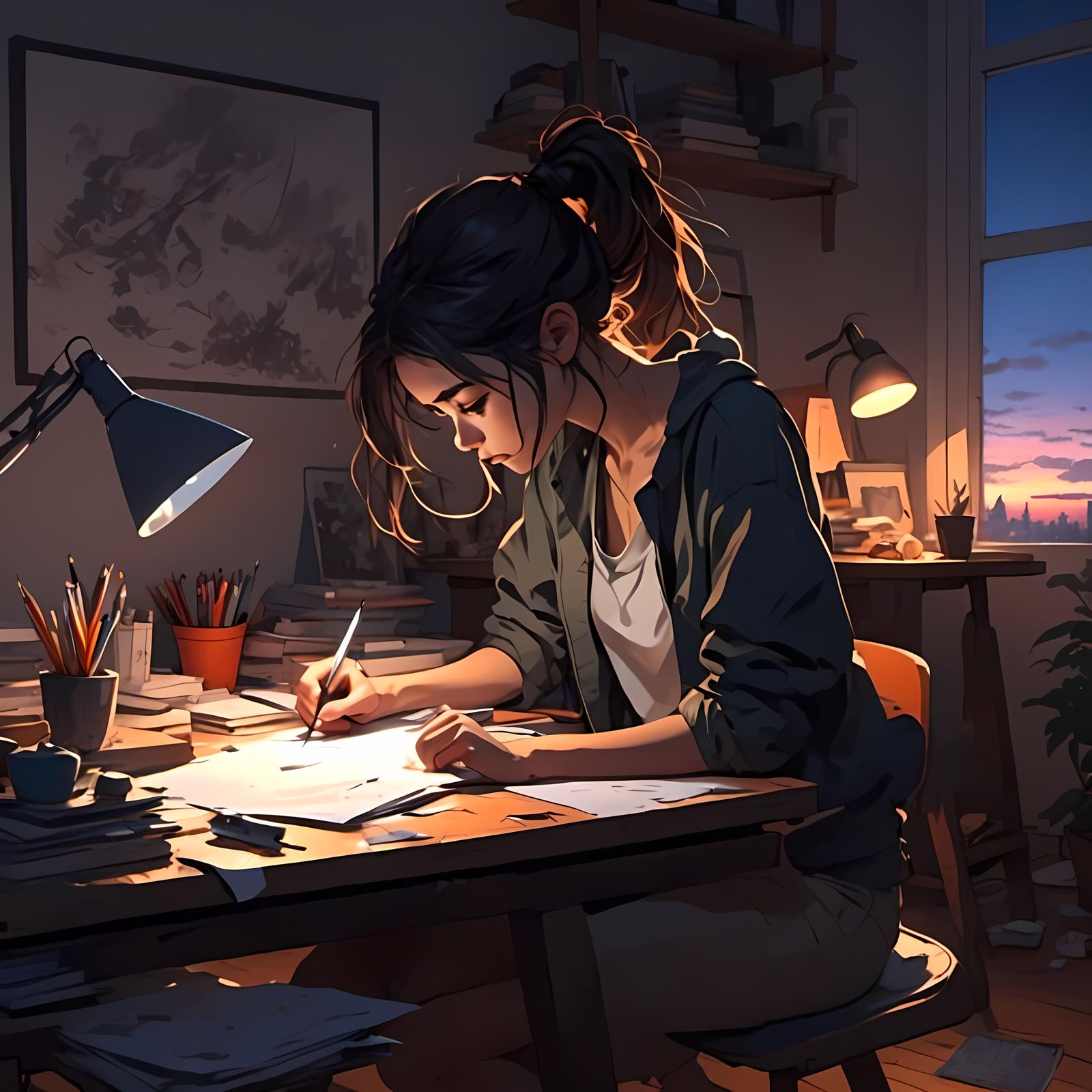 Anime Artist in Dark Studio: Digital Illustration