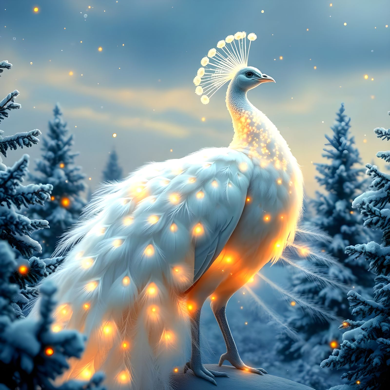 Majestic White Peacock in Enchanted Winter Wonderland