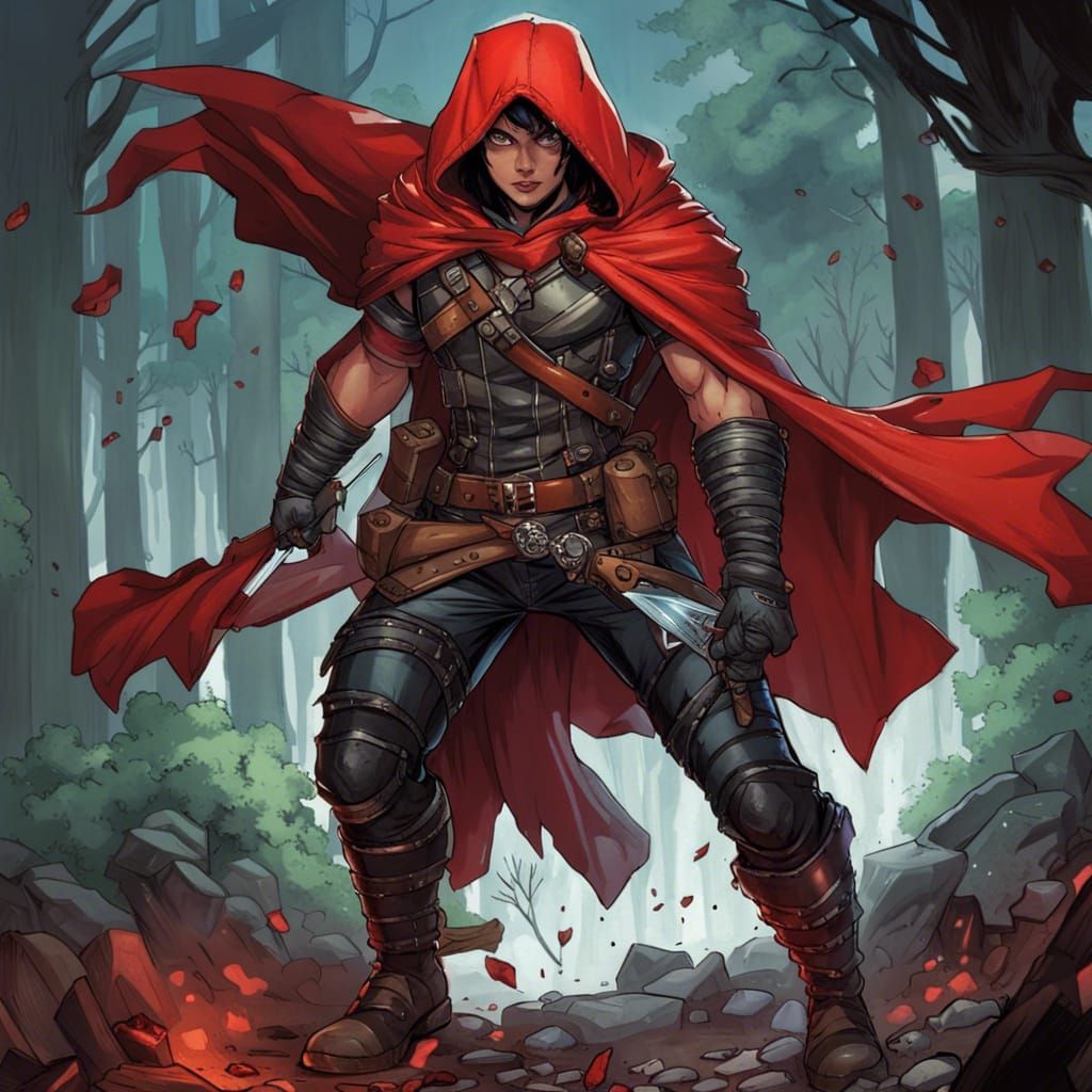 Black-Haired Ranger with Red Hood in Comic Book Art