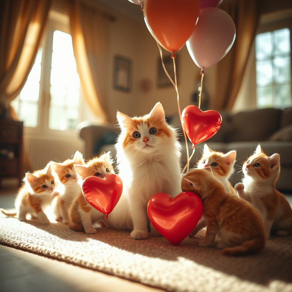 Cat and Kittens Playing with Balloons in Sunlight
