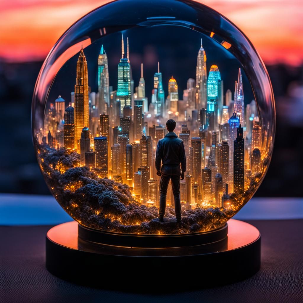 Miniature City Inside Cracked Glass Humanoid