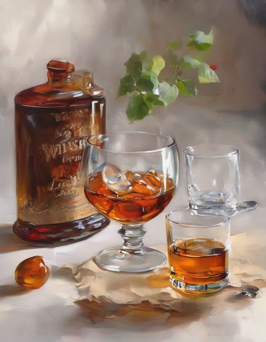 Whimsical Whiskey Scene in Watercolor Style
