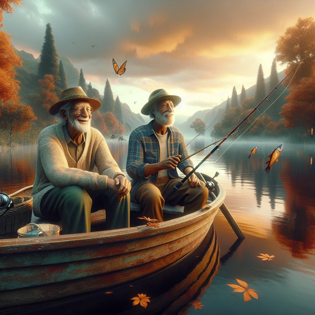 Elderly Friends Fishing on Autumn Lake: Matte Painting
