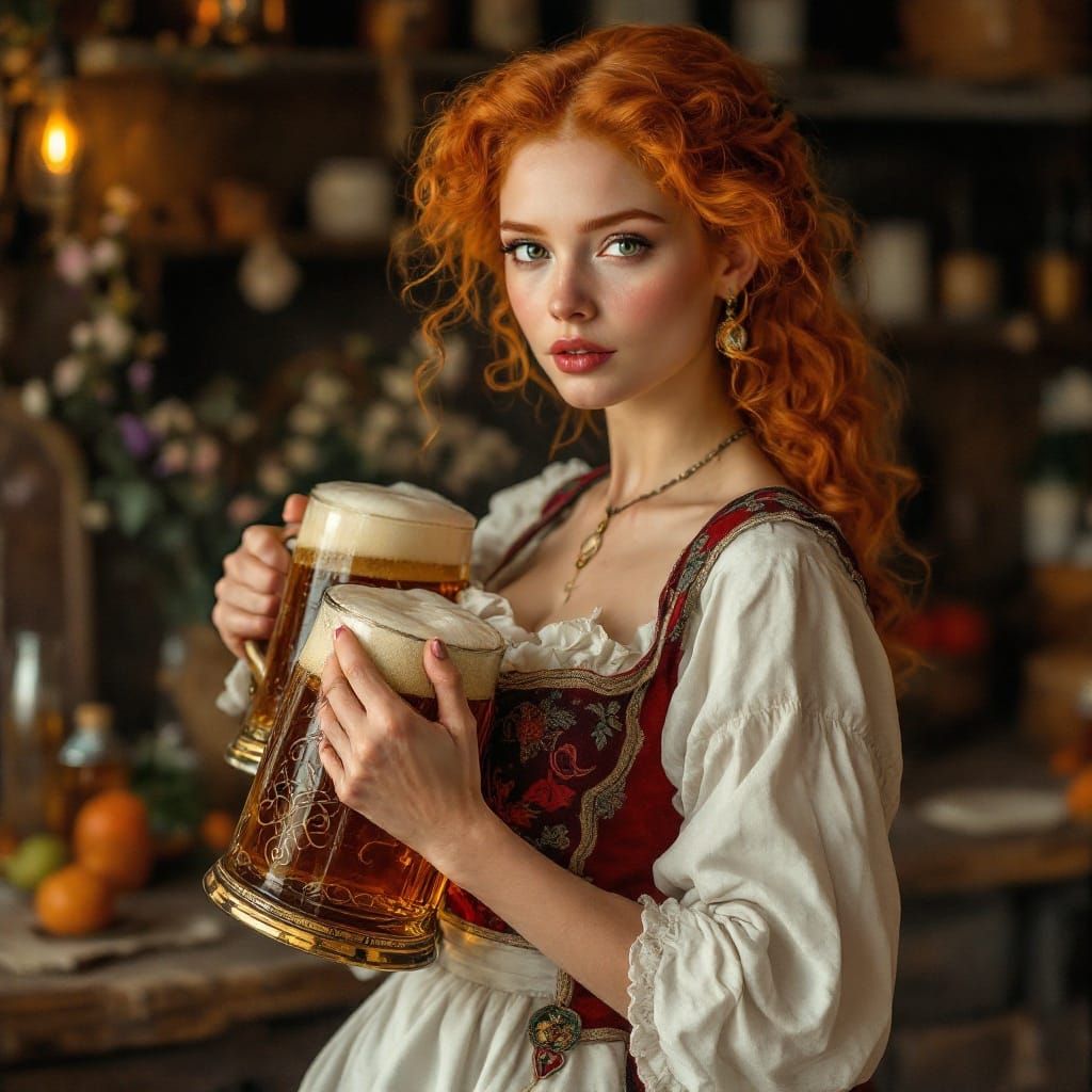 A Redheaded Maiden Carries Ale Jugs in Folk Dress