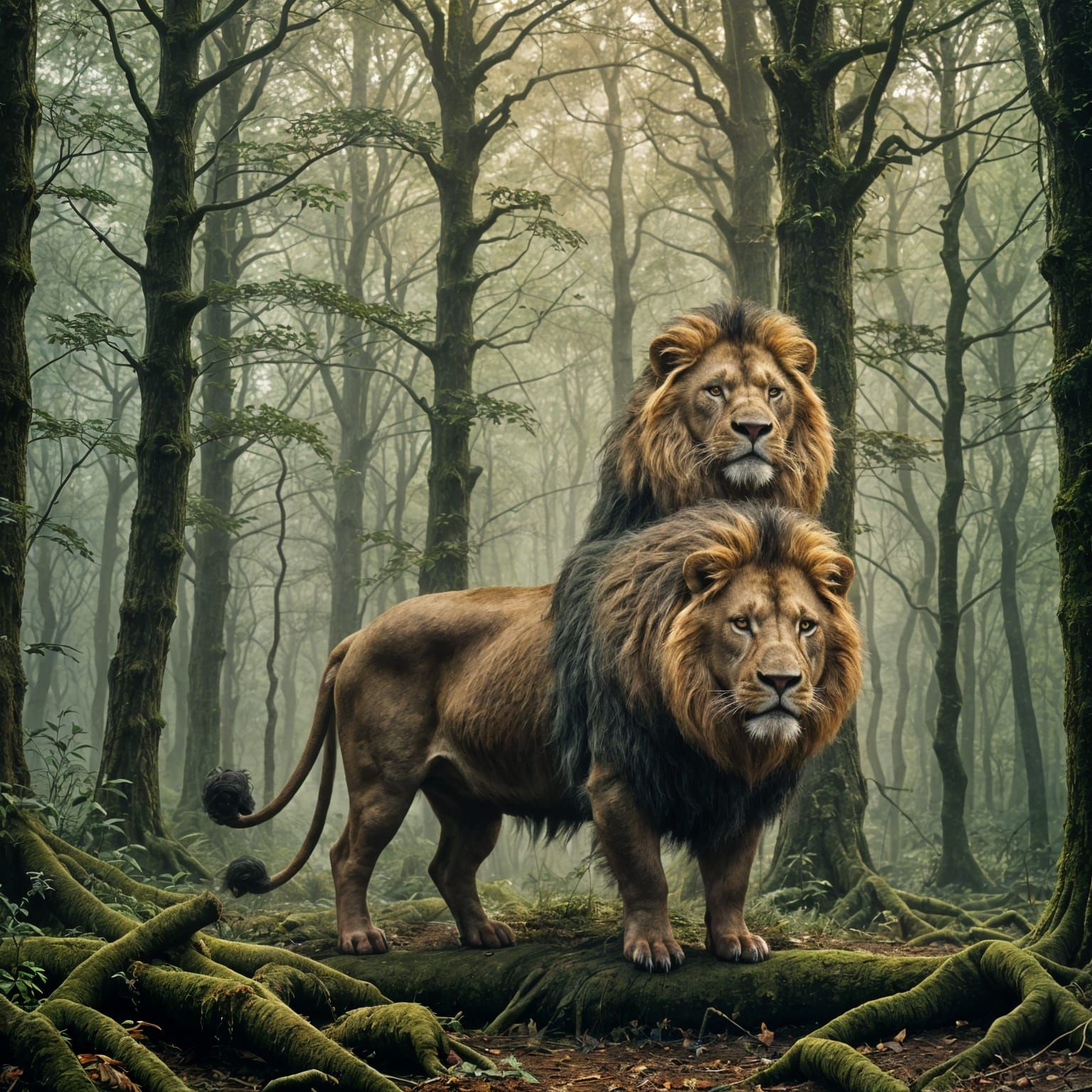 Pig-Lion Chimera in German Forest, Detailed Digital Painting