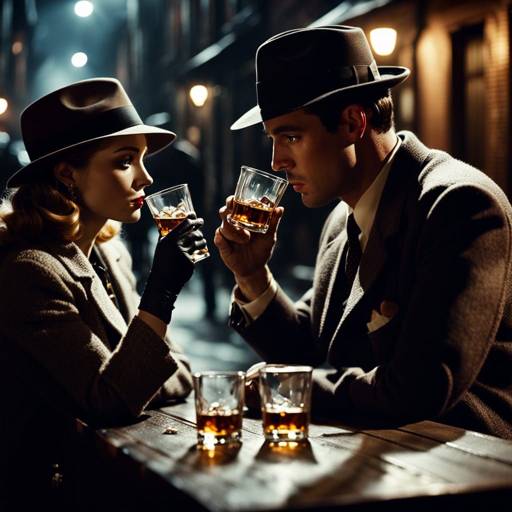Film Noir Whiskey Drinkers in Moody Speakeasy