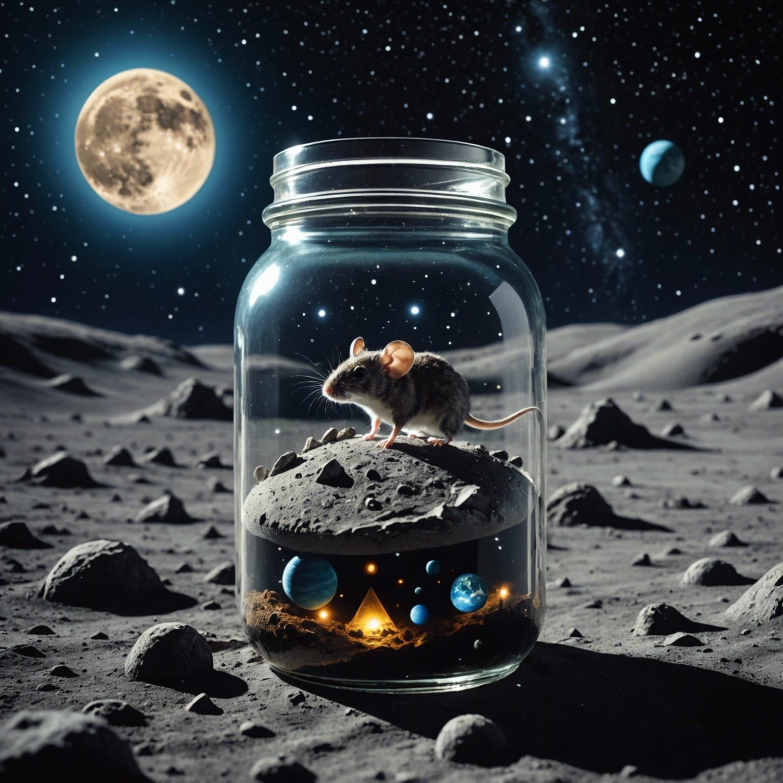 Macro Photo: Mouse Spaceship in Jar on Moon