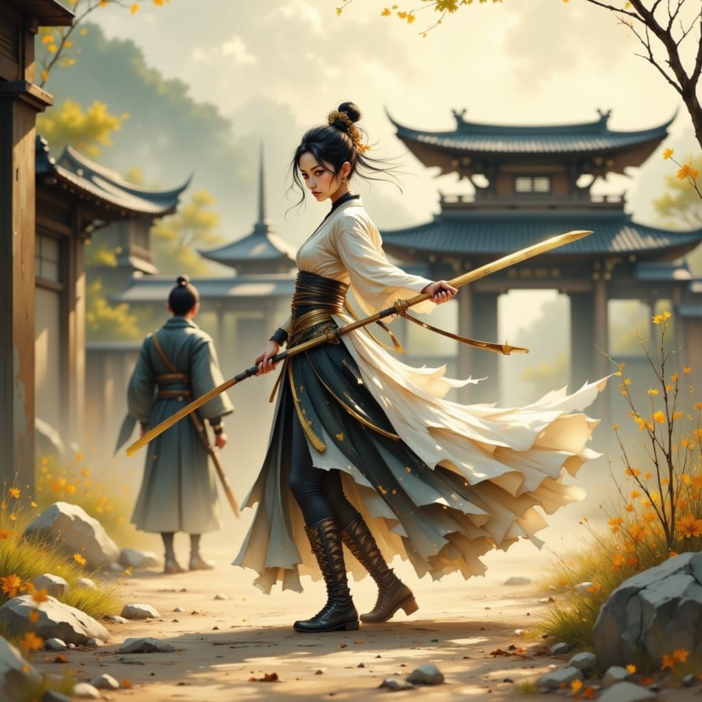 Female Warrior with Naginata in Shinkawa Style