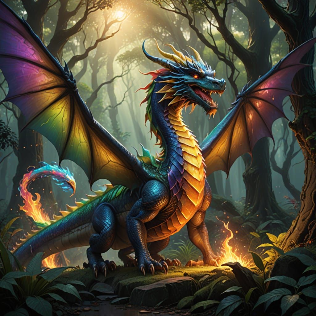 Majestic Rainbow Dragon in Vibrant Forest