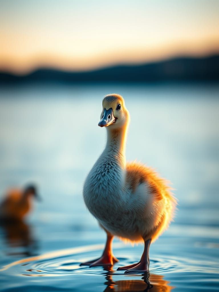Duckling Pretends to Be Swan in Golden Hour Lake Photo