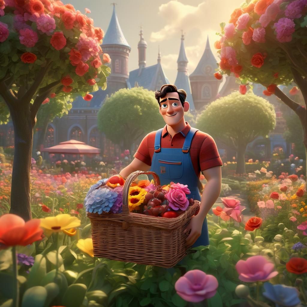 Superman Blushing in Flower Garden as Pixar 3D Art