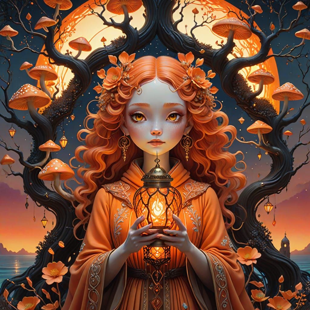 Surreal Orange Goddess Amidst Vibrant Dreamscape