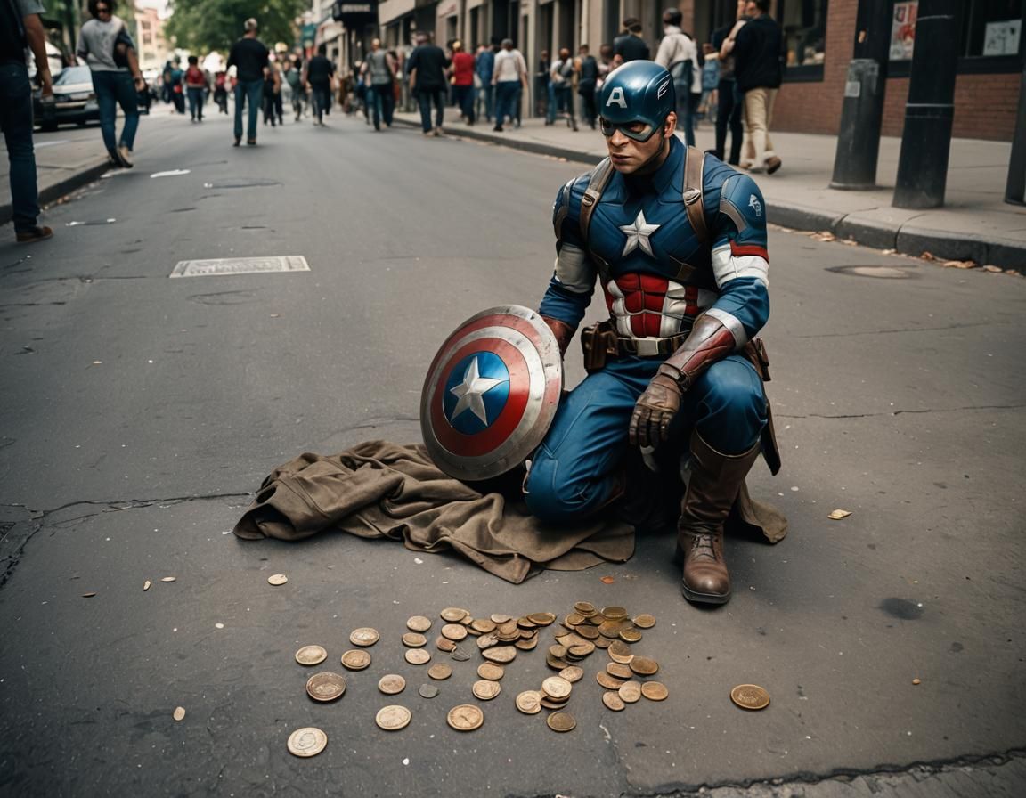Old Captain America Begging: Hyperrealistic Cinematic Still