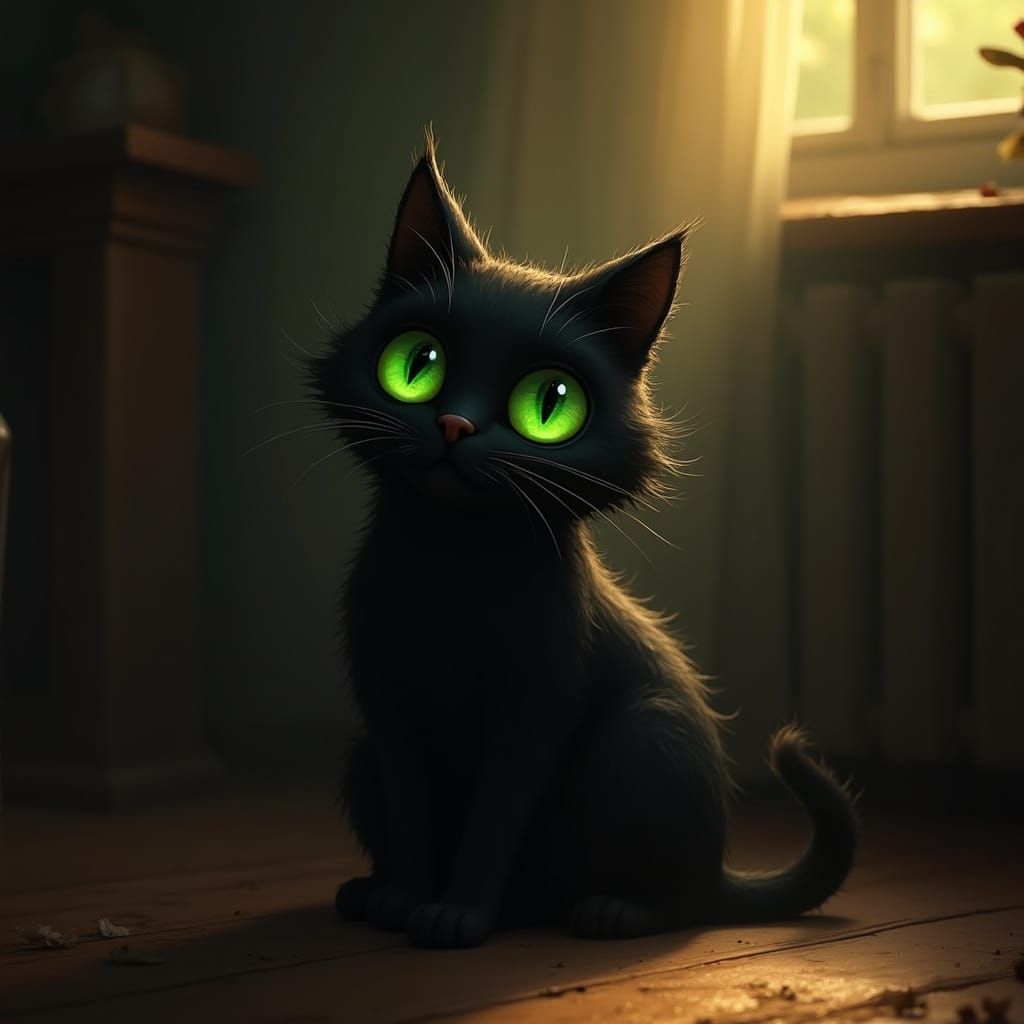 Black Cat with Green Eyes in Golden Light