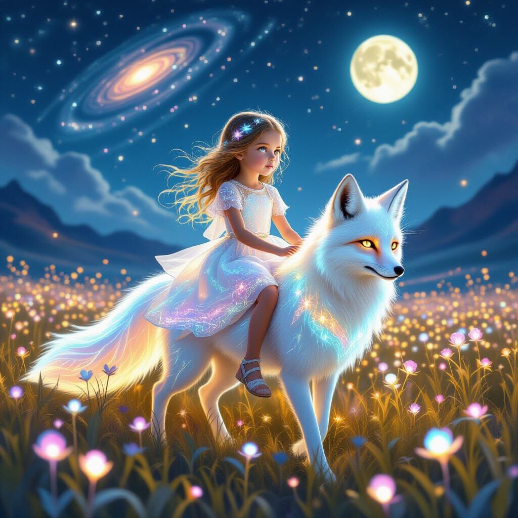 Ethereal Girl Rides Spectral Fox on Alien Planet