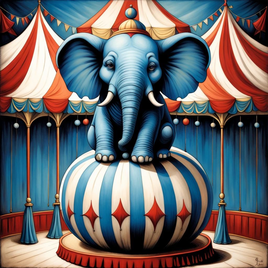 Blue Elephant Balancing, Nostalgic Illustration