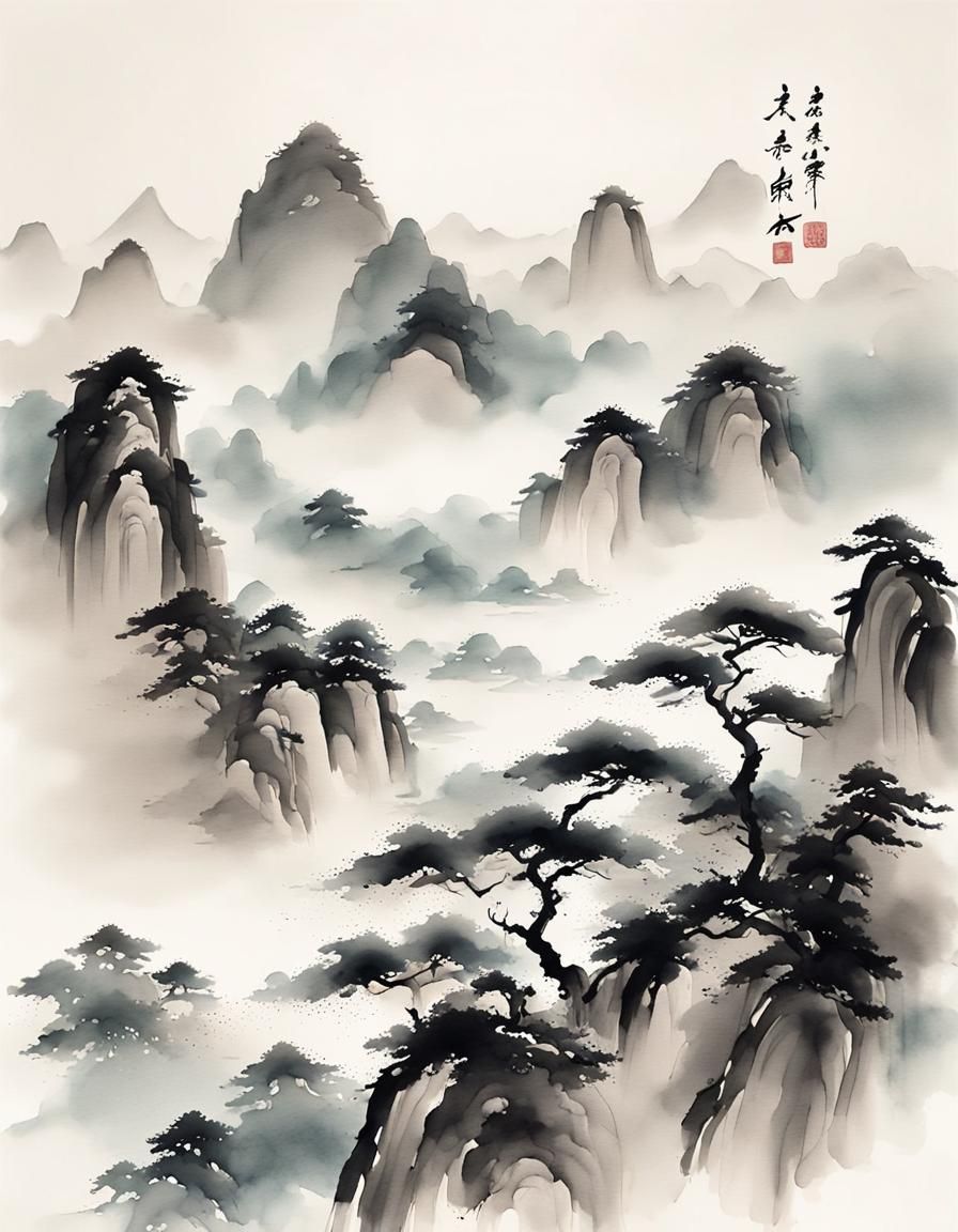 Elegant Chinese Landscape with Temple and Tree